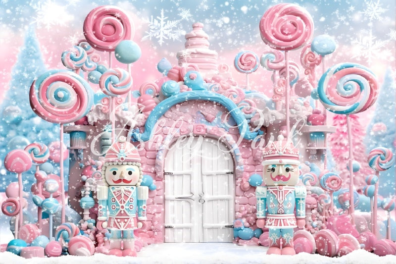 Kate Winter Christmas Pink Candy White Door Nutcracker Backdrop Designed by Ashley Paul