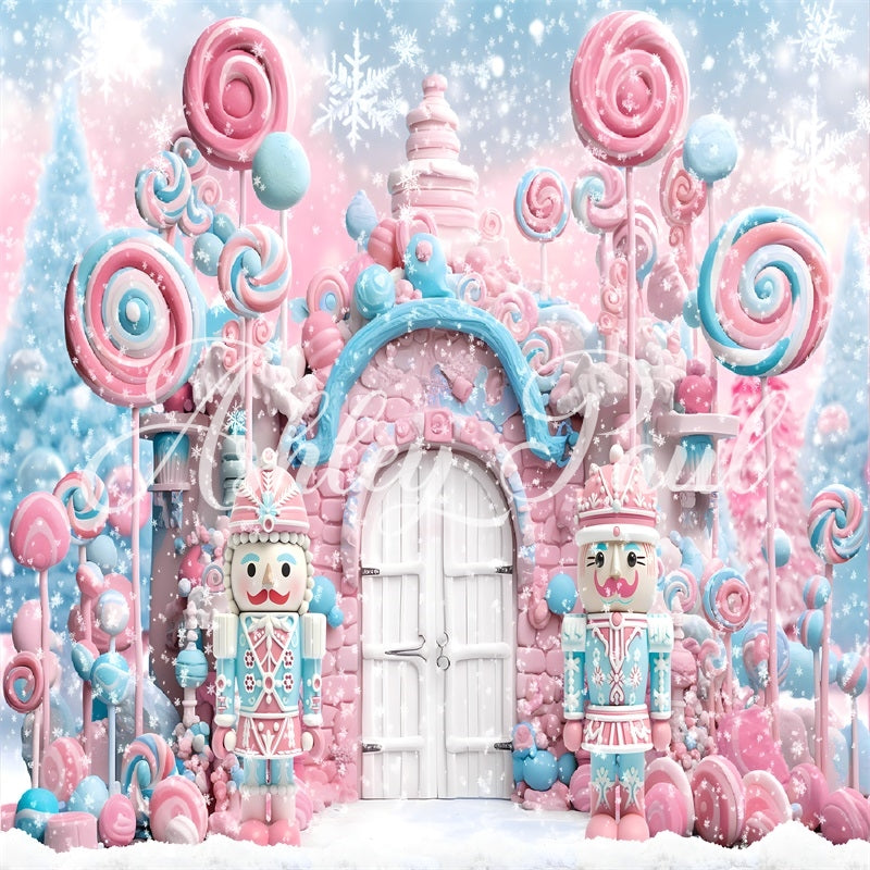 Kate Winter Christmas Pink Candy White Door Nutcracker Backdrop Designed by Ashley Paul