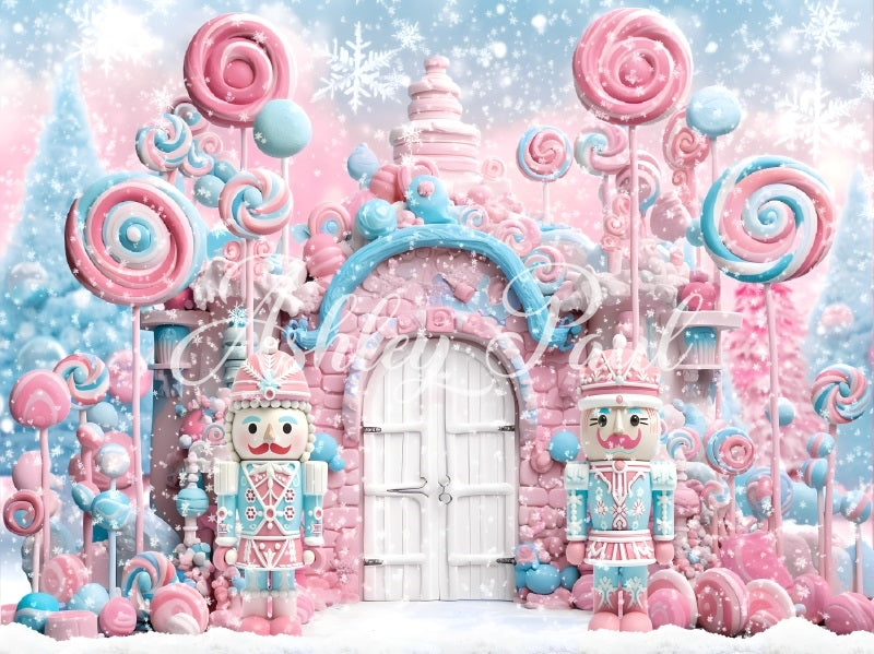 Kate Winter Christmas Pink Candy White Door Nutcracker Backdrop Designed by Ashley Paul