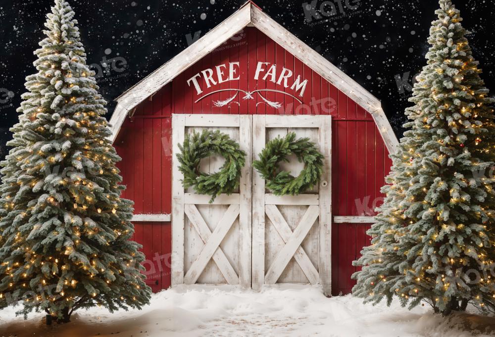 Kate Winter Christmas Tree Farm Backdrop Red Barn Designed by Chain Photography