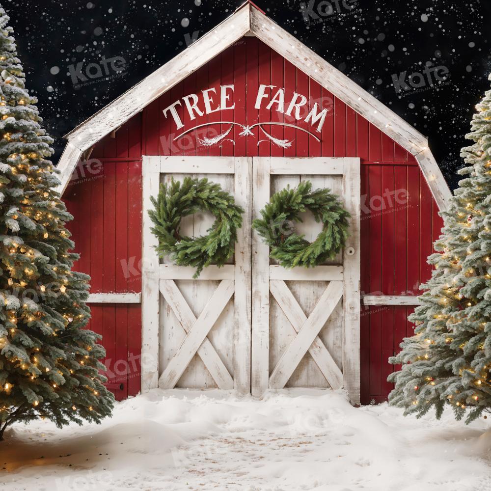 Kate Winter Christmas Tree Farm Backdrop Red Barn Designed by Chain Photography