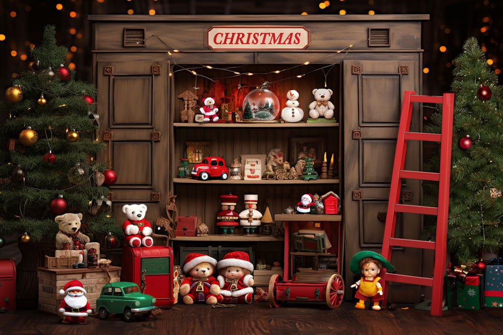 Kate Christmas Cupboard Teddy Bear Red Ladder Backdrop Designed by Emetselch