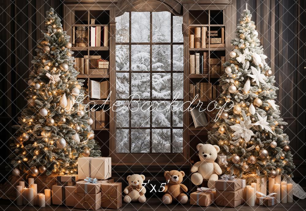 Kate Indoor Bookshelf Christmas Tree Backdrop Teddy Bear Designed by Emetselch