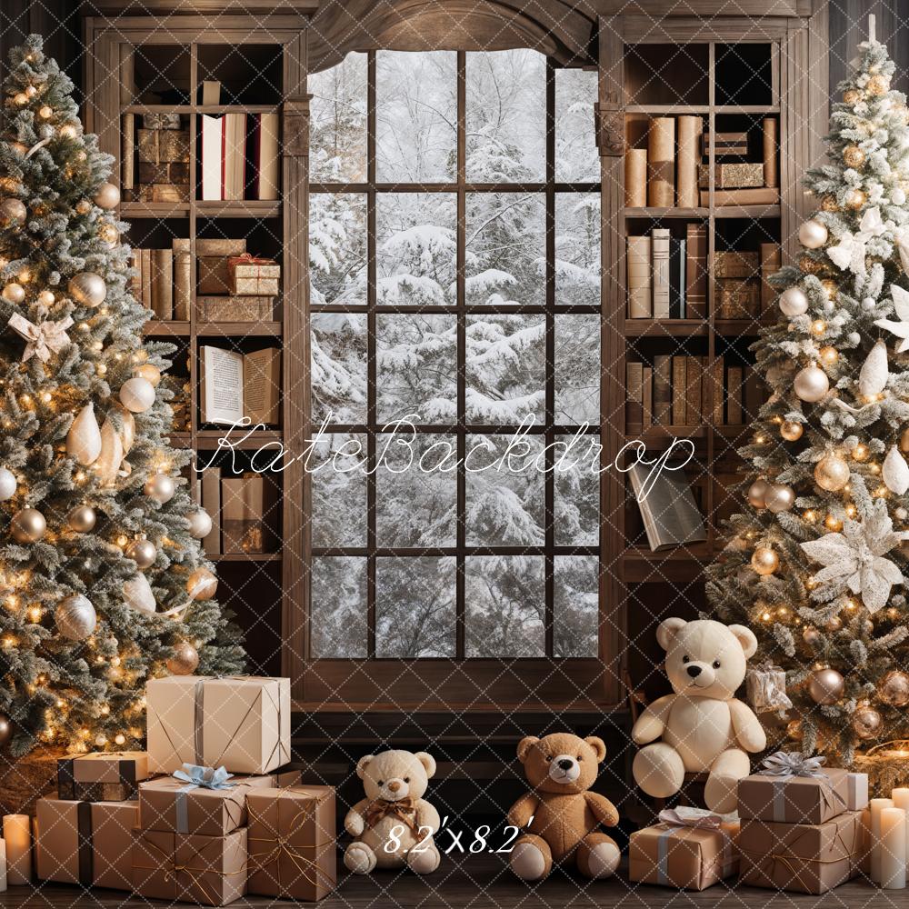 Kate Indoor Bookshelf Christmas Tree Backdrop Teddy Bear Designed by Emetselch