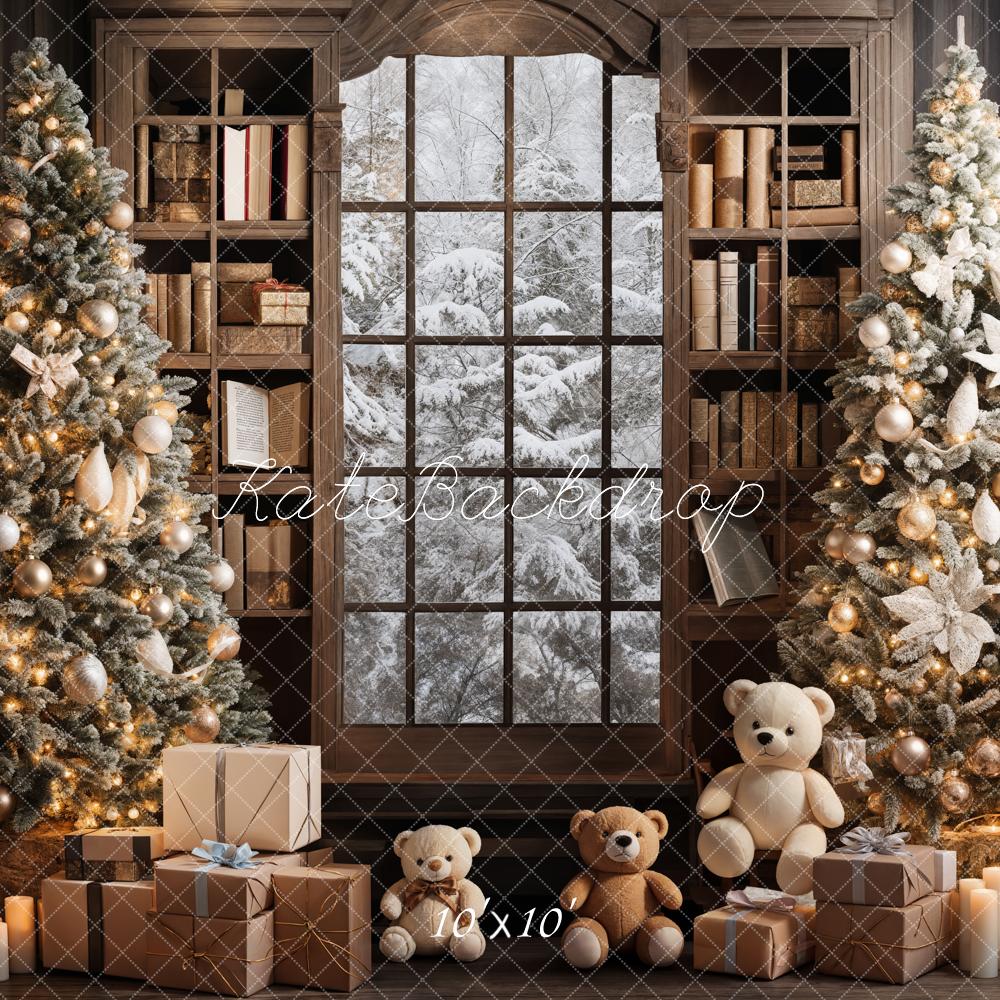 Kate Indoor Bookshelf Christmas Tree Backdrop Teddy Bear Designed by Emetselch