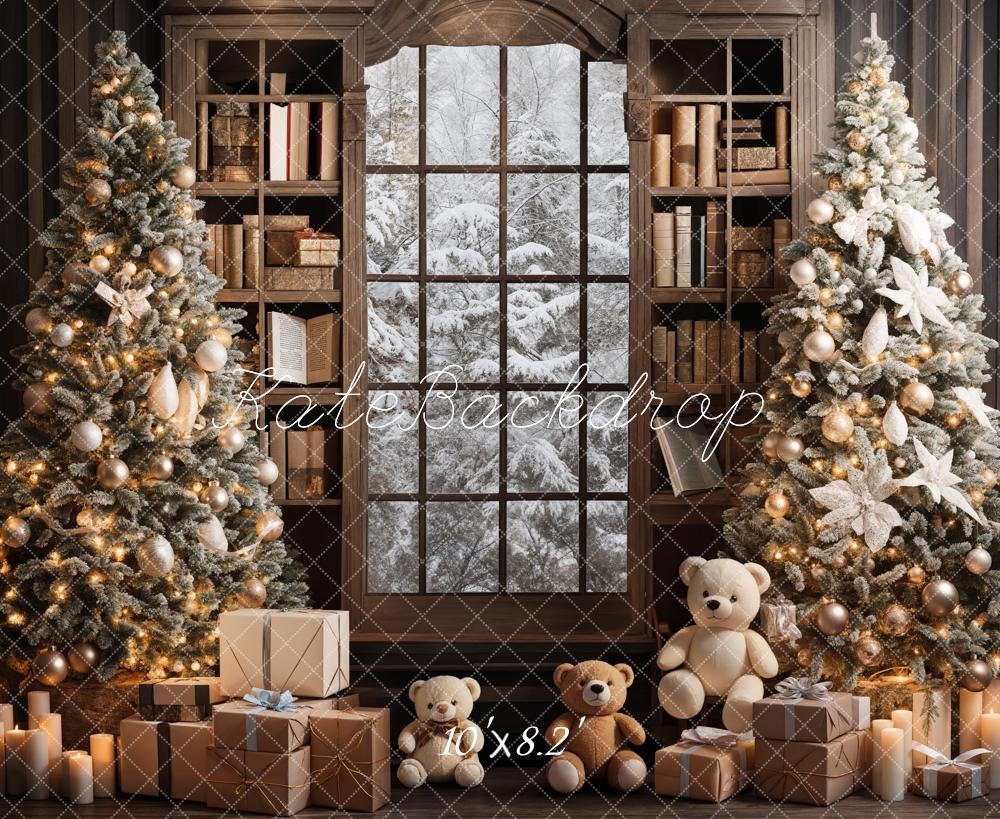 Kate Indoor Bookshelf Christmas Tree Backdrop Teddy Bear Designed by Emetselch