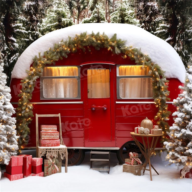 Kate Christmas Outside Red Car Tent Camping Backdrop for Photography