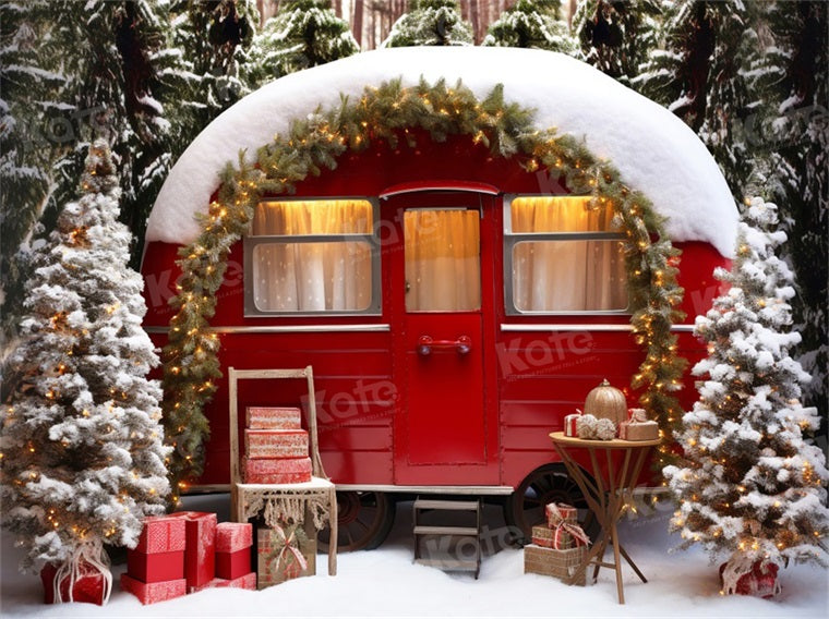 Kate Christmas Outside Red Car Tent Camping Backdrop for Photography