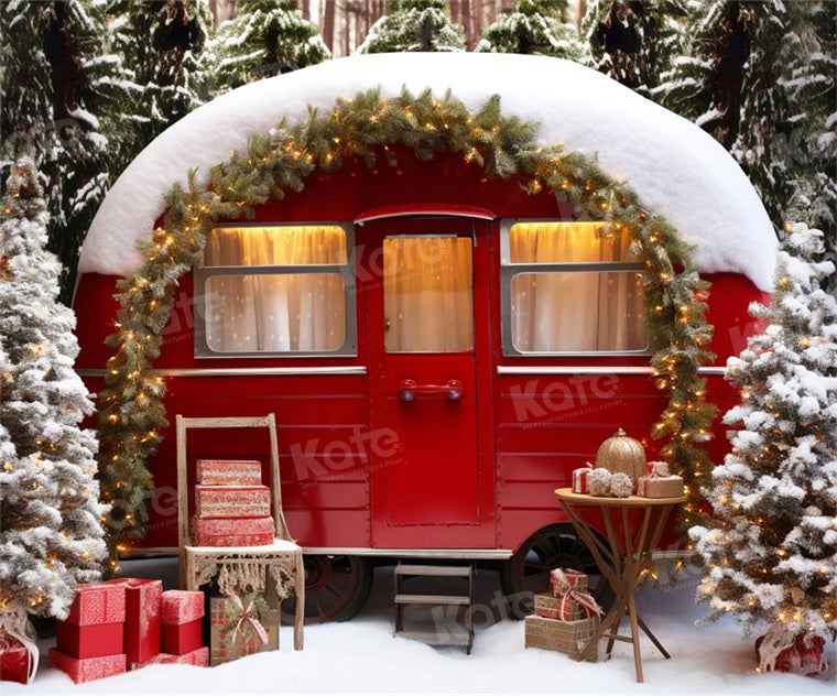 Kate Christmas Outside Red Car Tent Camping Backdrop for Photography