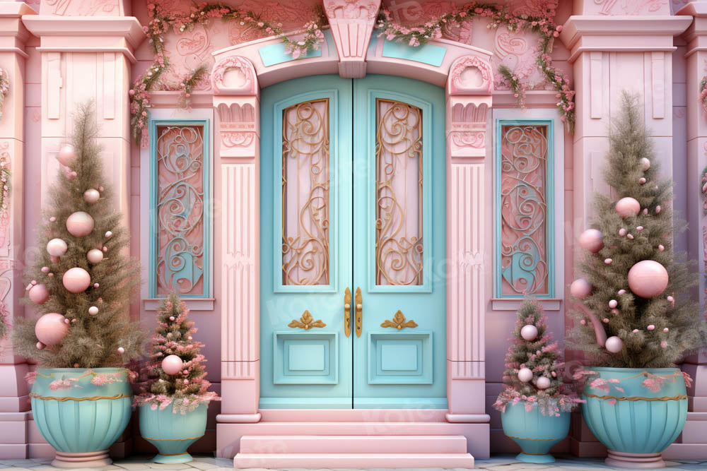 Kate Christmas Pink House Blue Door Backdrop Designed by Emetselch