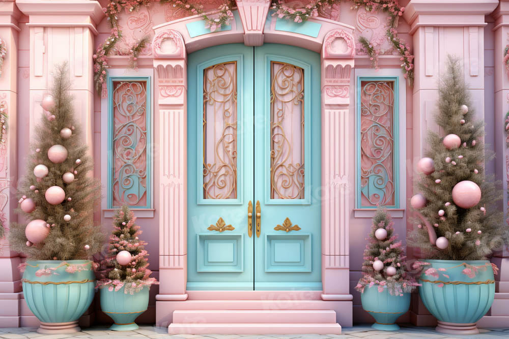 Kate Christmas Pink House Blue Door Backdrop Designed by Emetselch