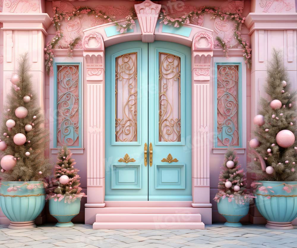 Kate Christmas Pink House Blue Door Backdrop Designed by Emetselch