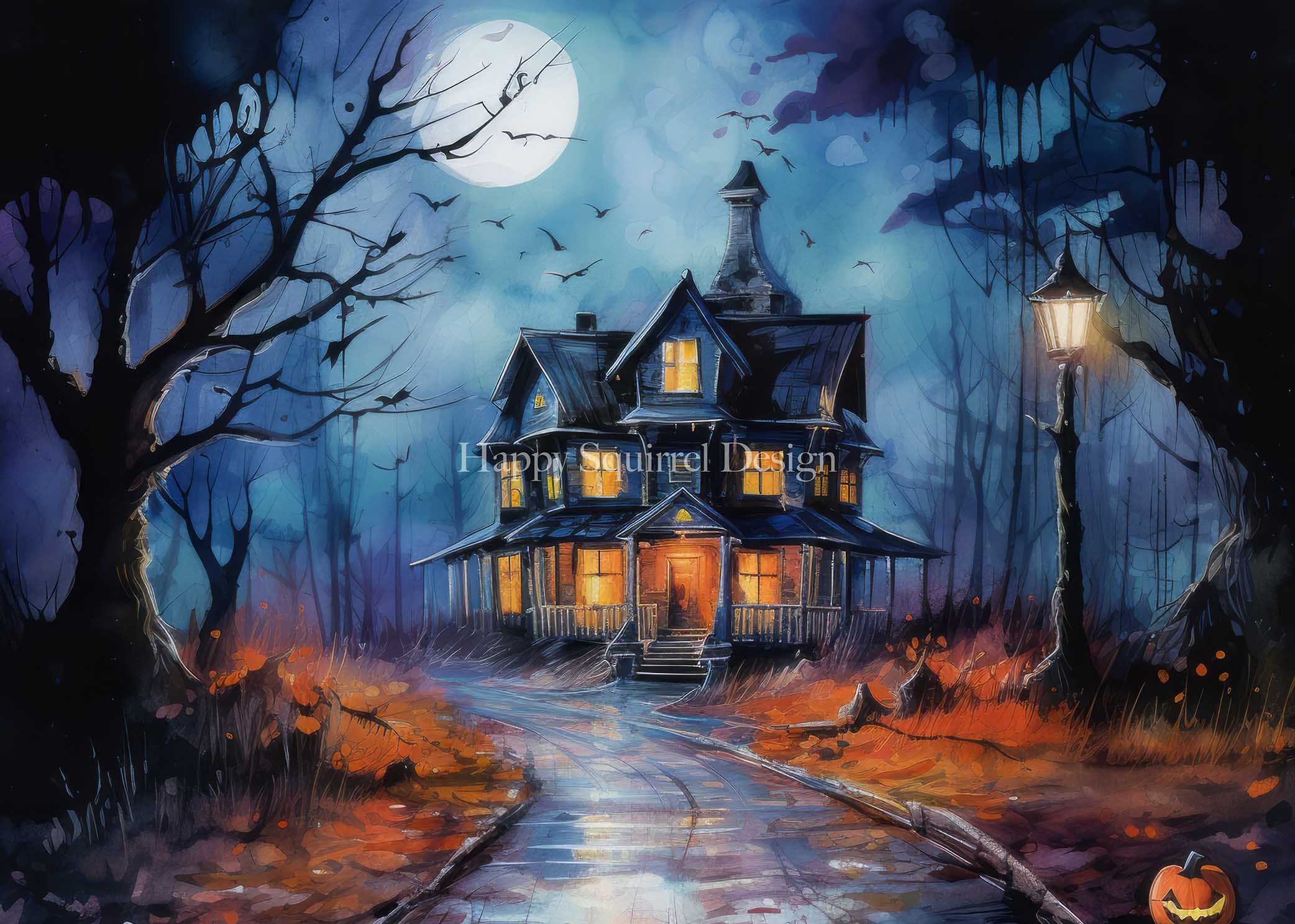 Kate Chilling Halloween House Backdrop Designed by Happy Squirrel Design