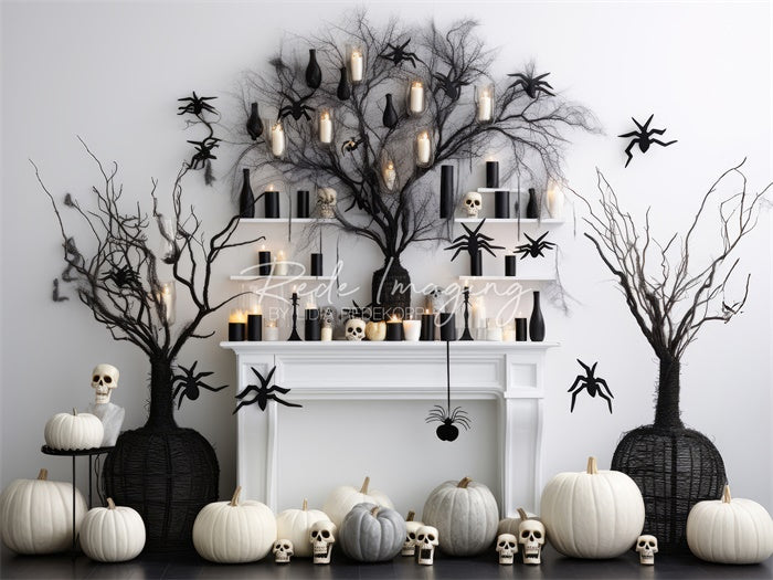 Kate Black & White Halloween Fireplace Backdrop Designed by Lidia Redekopp