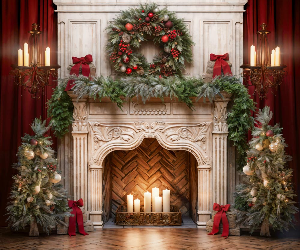 Kate Fleece Christmas Tree Fireplace Backdrop Designed by Emetselch