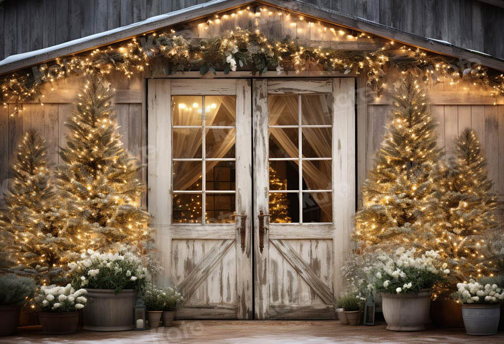 Lightning Deals-1 Kate Christmas Barn with Lights and Christmas Tree Fleece Backdrop Designed by Emetselch