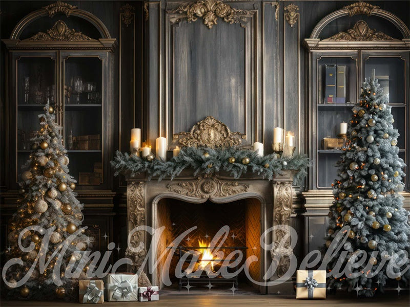 Kate Christmas Tree Winter Fireplace Backdrop Blue Navy Designed by Mini MakeBelieve