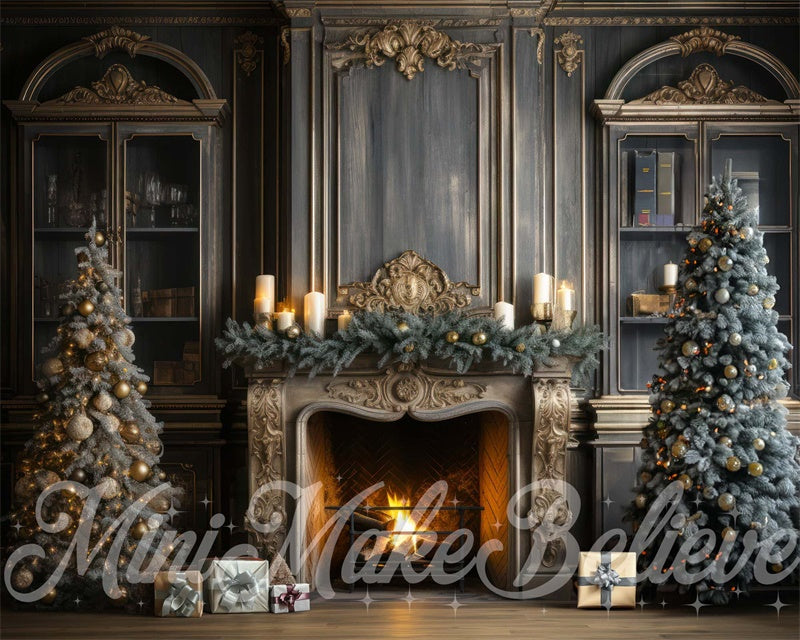 Kate Christmas Tree Winter Fireplace Backdrop Blue Navy Designed by Mini MakeBelieve