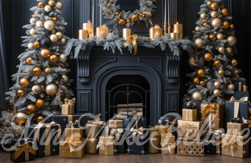 Kate Christmas Tree Winter Backdrop Navy Fireplace Gold Ornaments Gifts Designed by Mini MakeBelieve