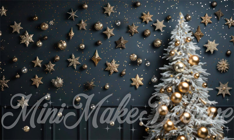 Kate Christmas Tree Winter Backdrop Navy Wall Gold Ornaments Designed by Mini MakeBelieve