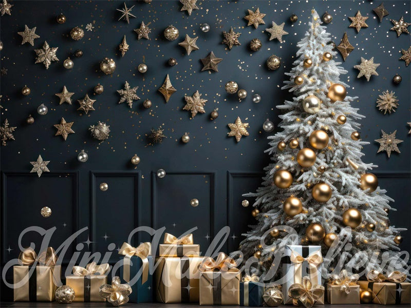 Kate Christmas Tree Winter Backdrop Navy Wall Gold Ornaments Designed by Mini MakeBelieve