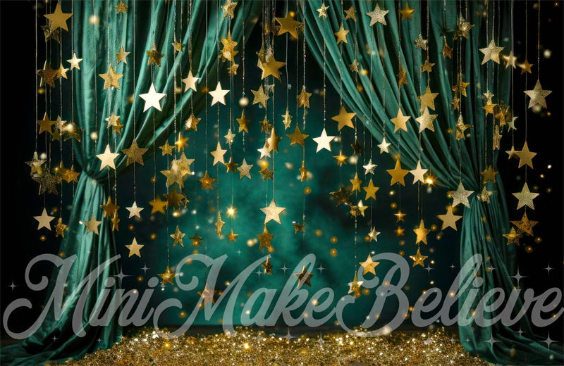 Kate Christmas Winter Green Curtain with Stars Backdrop Designed by Mini MakeBelieve