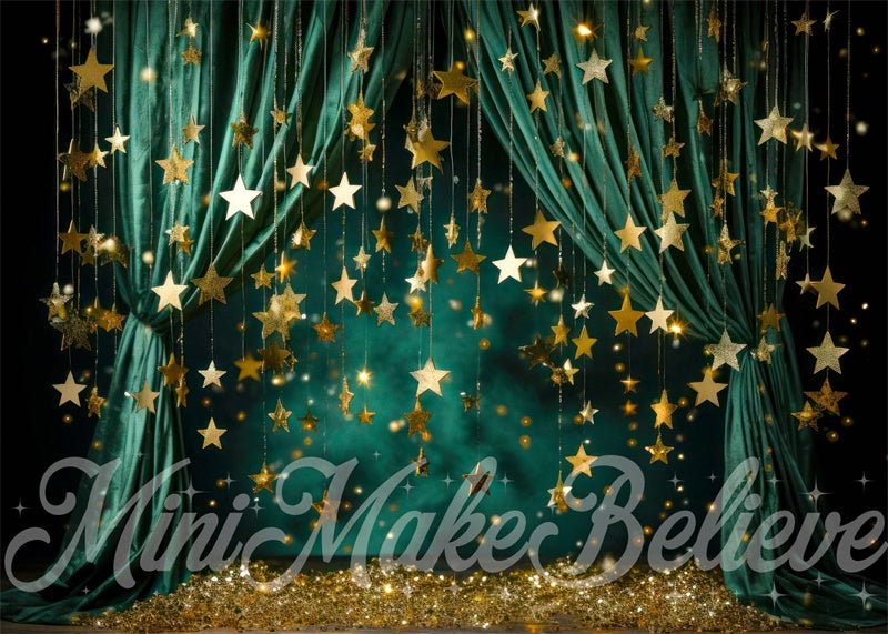 Kate Christmas Winter Green Curtain with Stars Backdrop Designed by Mini MakeBelieve