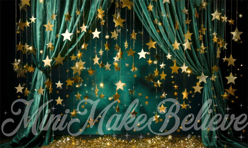 Kate Christmas Winter Green Curtain with Stars Backdrop Designed by Mini MakeBelieve