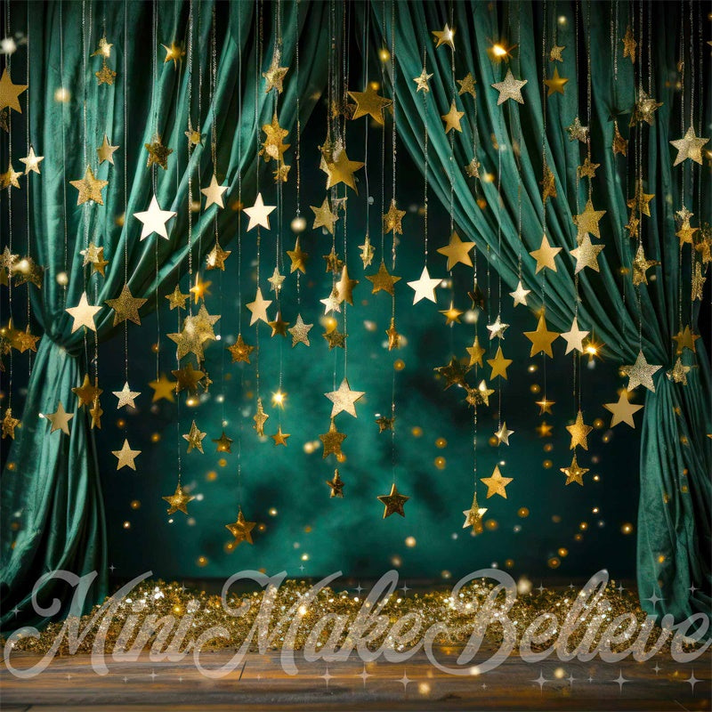 Kate Christmas Winter Green Curtain with Stars Backdrop Designed by Mini MakeBelieve