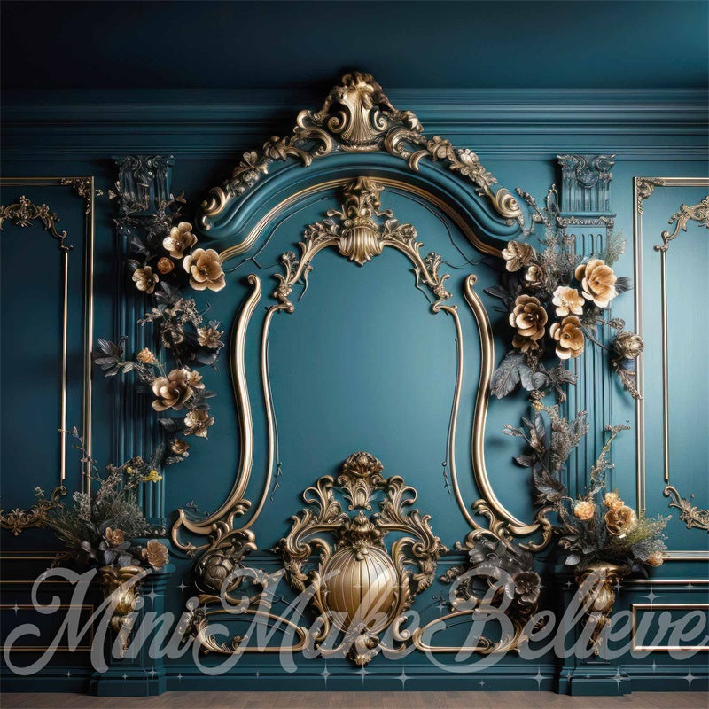 Kate Gold Flowers Blue Fine Art Wall Backdrop Designed by Mini MakeBelieve