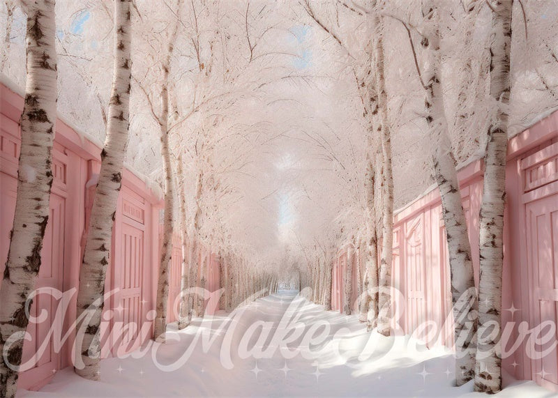 Kate Winter Christmas Backdrop Pink Row of Birch Trees Snow Designed by Mini MakeBelieve