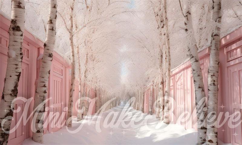 Kate Winter Christmas Backdrop Pink Row of Birch Trees Snow Designed by Mini MakeBelieve