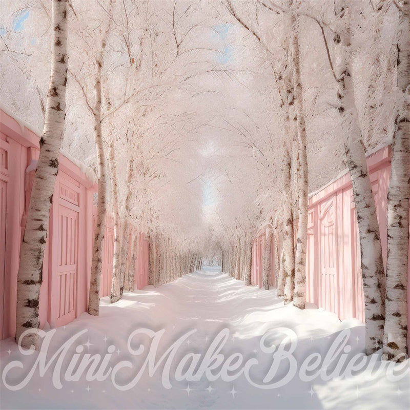 Kate Winter Christmas Backdrop Pink Row of Birch Trees Snow Designed by Mini MakeBelieve