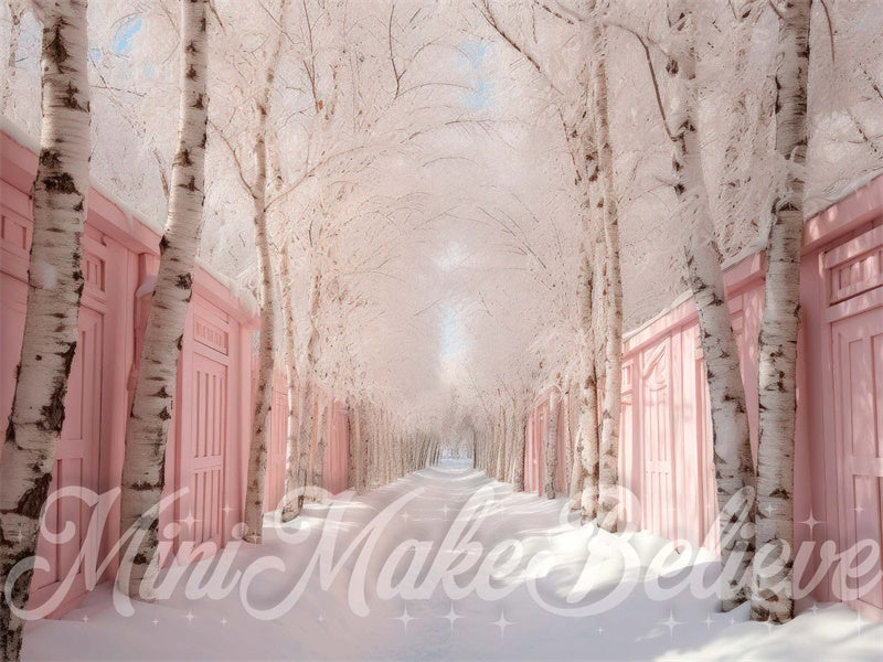 Kate Winter Christmas Backdrop Pink Row of Birch Trees Snow Designed by Mini MakeBelieve