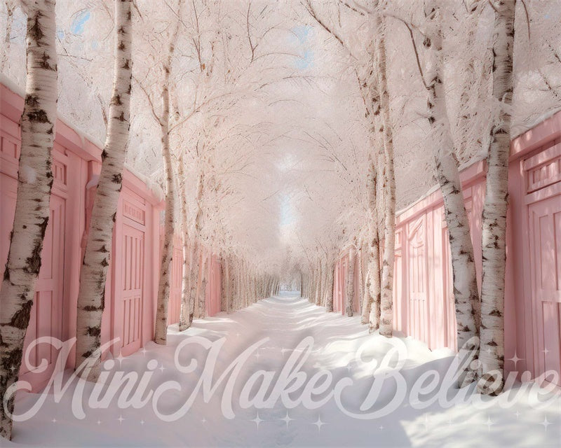 Kate Winter Christmas Backdrop Pink Row of Birch Trees Snow Designed by Mini MakeBelieve