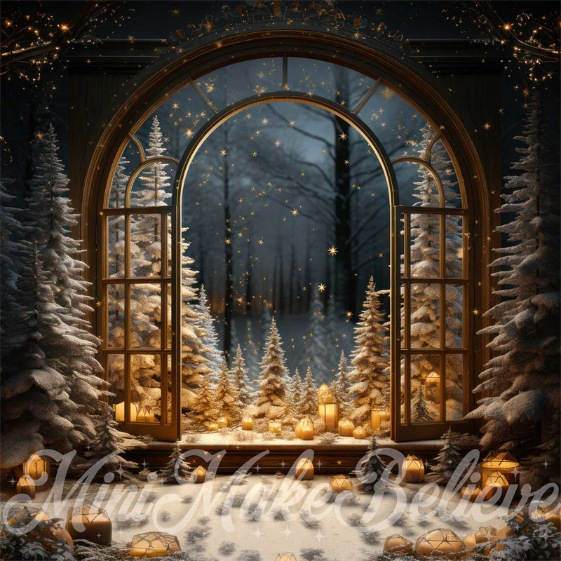 Kate Winter Christmas Tree Backdrop Window Snow Night Designed by Mini MakeBelieve