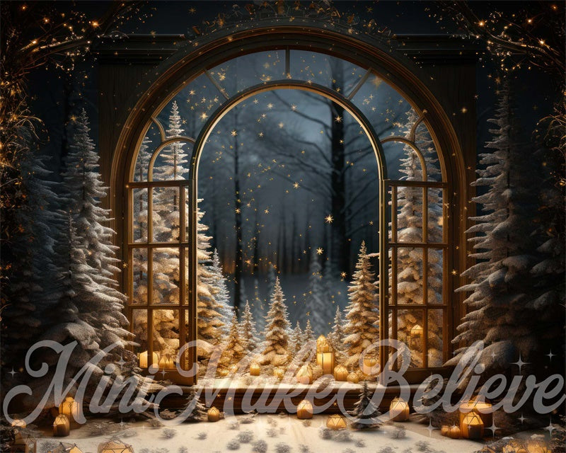 Kate Winter Christmas Tree Backdrop Window Snow Night Designed by Mini MakeBelieve