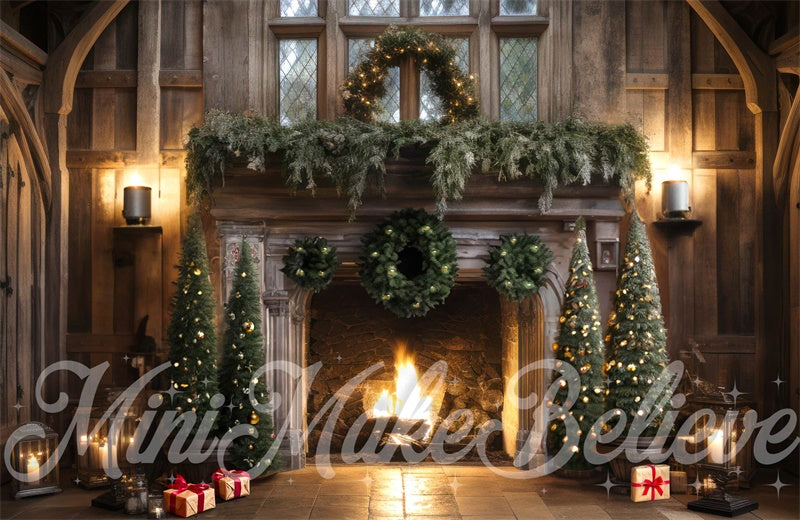 Kate Winter Christmas Trees Backdrop Rustic Cabin Fireplace Luxury Designed by Mini MakeBelieve