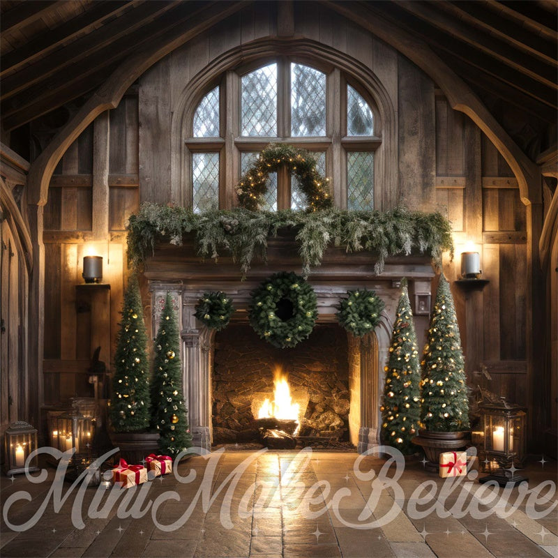 Kate Winter Christmas Trees Backdrop Rustic Cabin Fireplace Luxury Designed by Mini MakeBelieve