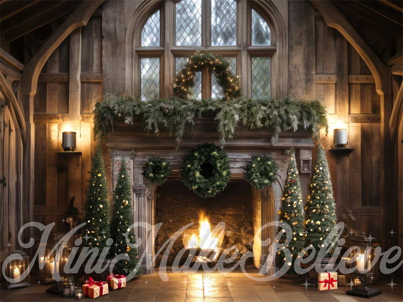 Kate Winter Christmas Trees Backdrop Rustic Cabin Fireplace Luxury Designed by Mini MakeBelieve