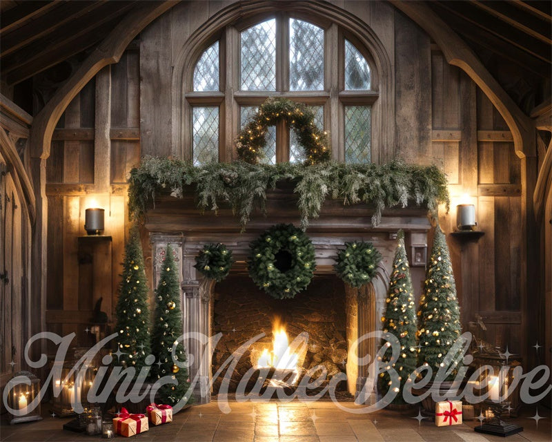 Kate Winter Christmas Trees Backdrop Rustic Cabin Fireplace Luxury Designed by Mini MakeBelieve