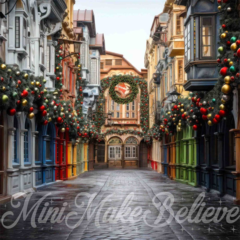 Kate Christmas Village Street Colorful Backdrop Designed by Mini MakeBelieve