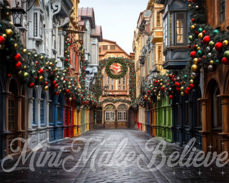 Kate Christmas Village Street Colorful Backdrop Designed by Mini MakeBelieve