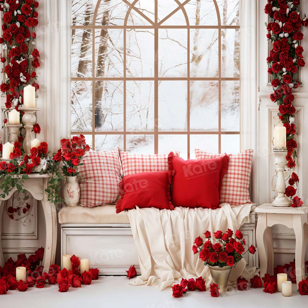 Kate Valentine's Day White Sofa Window Rose Backdrop for Photography