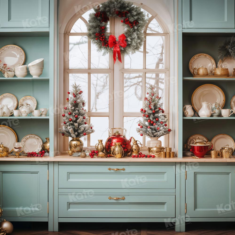 Kate Christmas Green Kitchen Backdrop for Photography