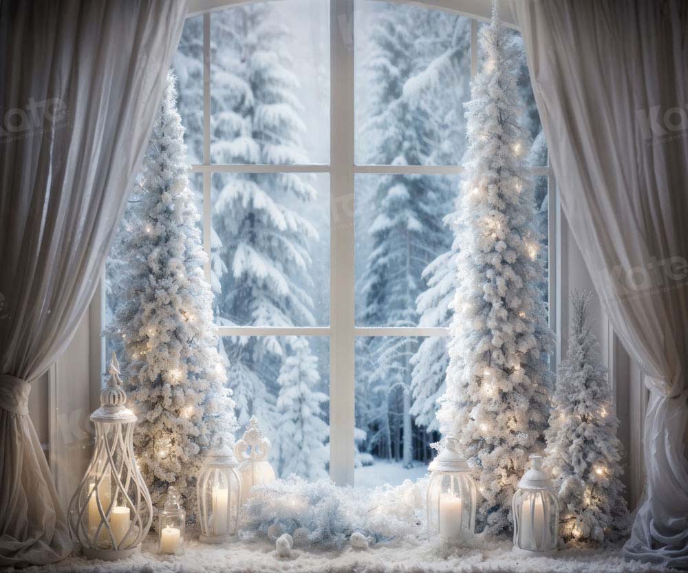 Kate Winter Christmas Tree Window Light Fleece Backdrop Designed by Emetselch