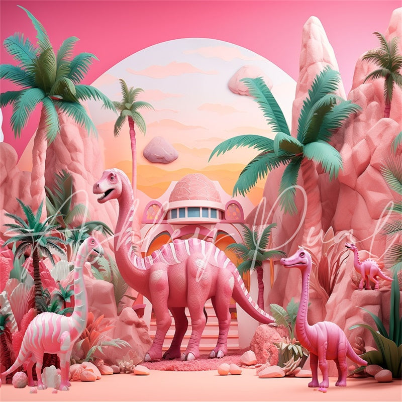 Kate Pink Dinosaur Tropical Backdrop Designed by Ashley Paul