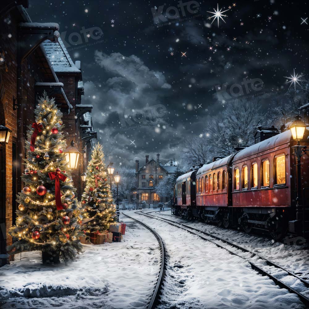 Kate Winter Christmas Tree Train Backdrop Designed by Emetselch