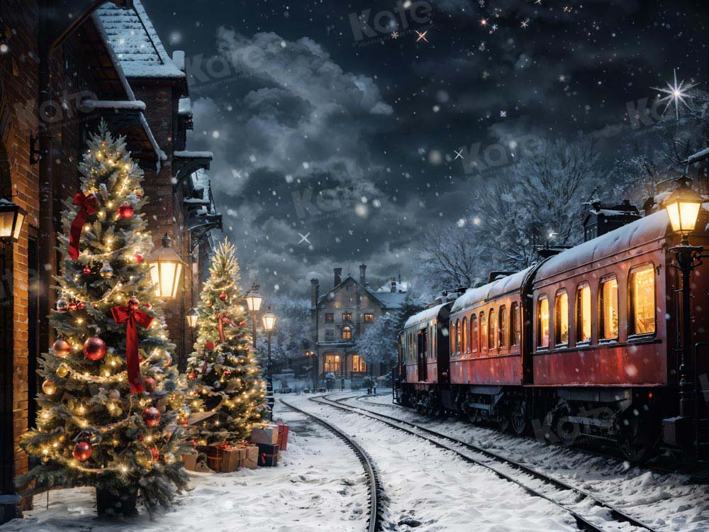 Kate Winter Christmas Tree Train Backdrop Designed by Emetselch