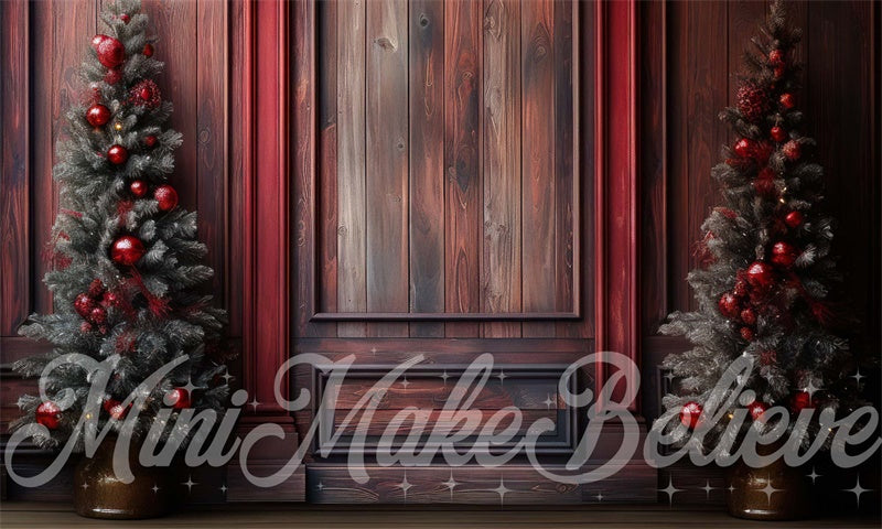 Kate Winter Christmas Red Wood Wall Trees Backdrop Designed by Mini MakeBelieve